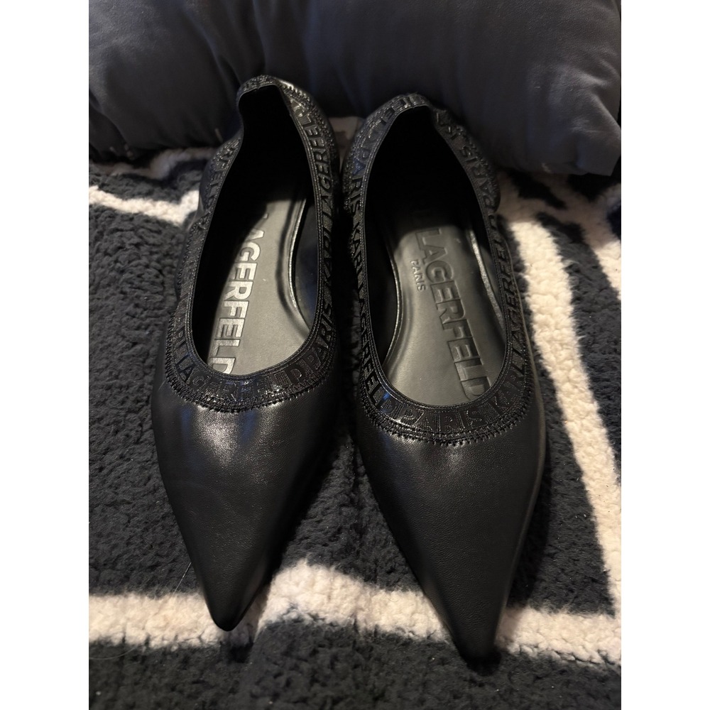 Karl Lagerfeld Paris Vinette Black Leather Pointed‎ Toe Logo Flat Shoes 10M